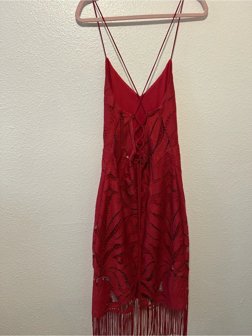 Spaghetti-Strap Burgundy Lace Midi Dress with Fringe